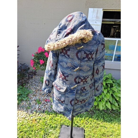 Vintage Billabong Women's Medium Coat Navajo Pattern Hooded Wool Blend Toggle Co - Picture 1 of 11